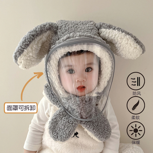 宝宝帽子围巾一体帽秋冬季男女童防风面罩户外骑行儿童护耳套头帽