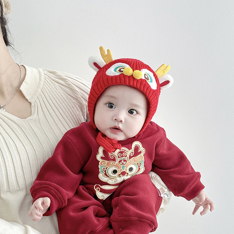 红色新年婴儿帽子秋冬季保暖小月龄针织套头帽男女宝宝胎帽毛线帽