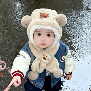 宝宝帽子围巾一体毛绒帽秋冬季保暖加厚男女儿童可爱防风护耳帽潮