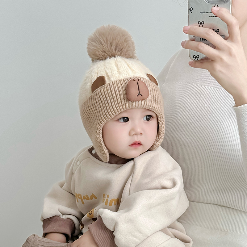 宝宝帽子秋冬季可爱卡通保暖加厚针织套头帽男女童防风护耳毛线帽