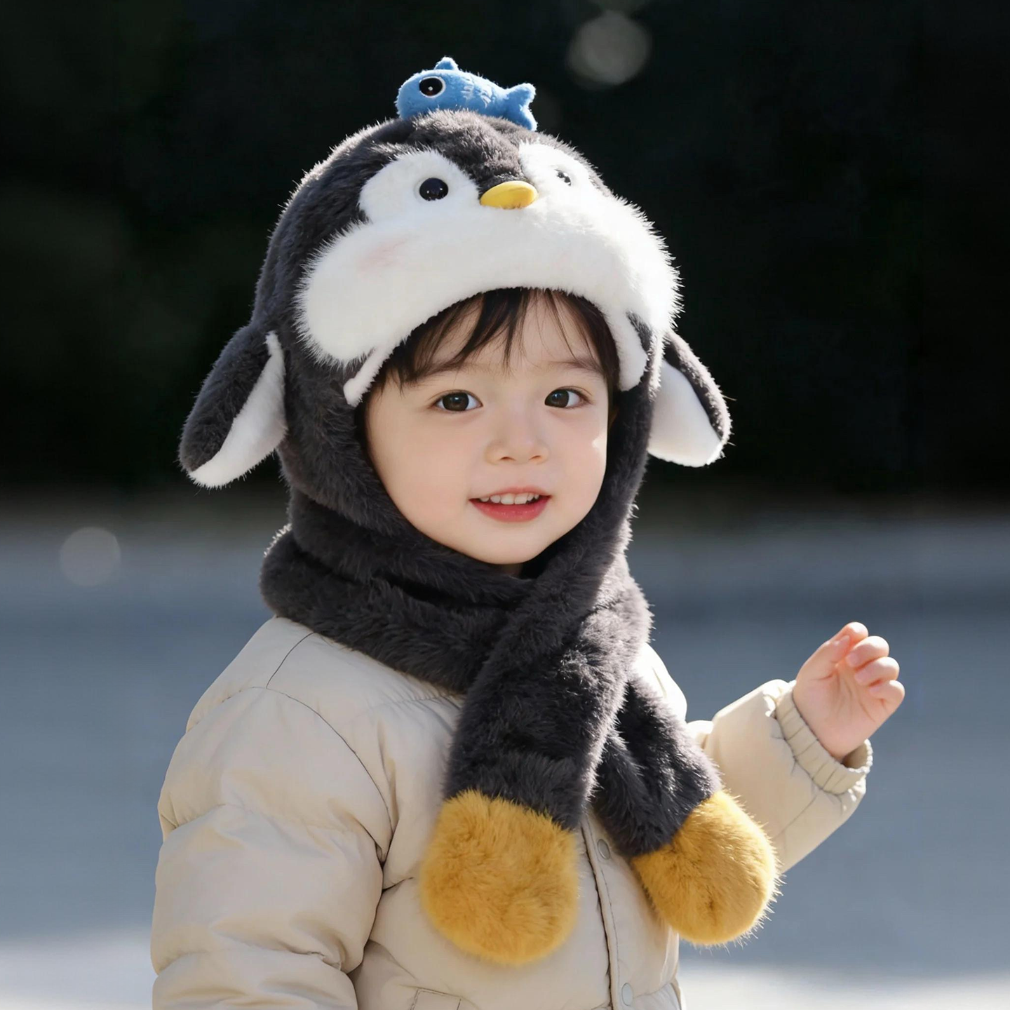 儿童帽子围巾一体会动耳朵两件套男女宝宝秋冬季保暖加厚毛绒帽潮