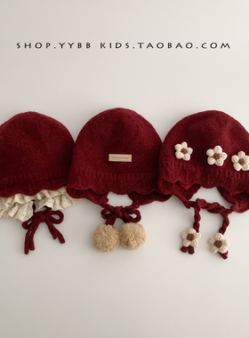 宝宝帽子秋冬季保暖加厚针织护耳红色帽女儿童防风新年喜庆毛线帽