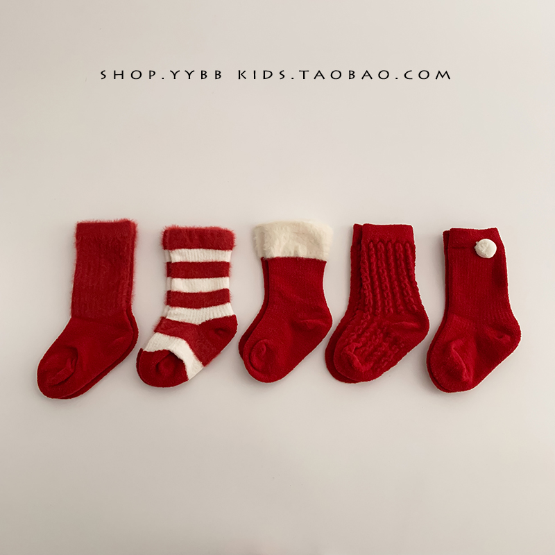 2024秋冬季新生儿袜子新年喜庆初生宝宝0-1岁红色保暖中筒地板袜