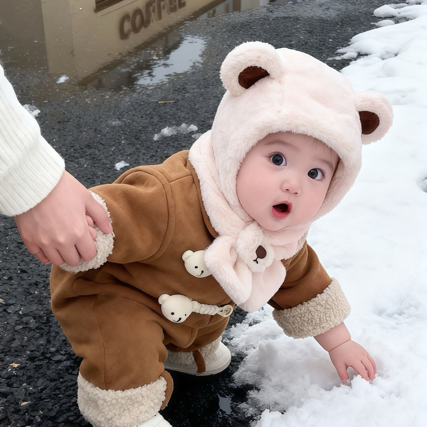 宝宝帽子秋冬季男女童围巾一体小熊毛绒帽冬天儿童加绒加厚防风帽