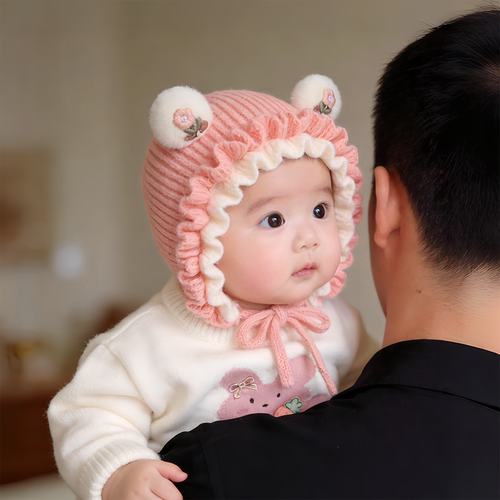 宝宝帽子秋冬季保暖加厚针织护耳公主帽女儿童防风甜美花边毛线帽