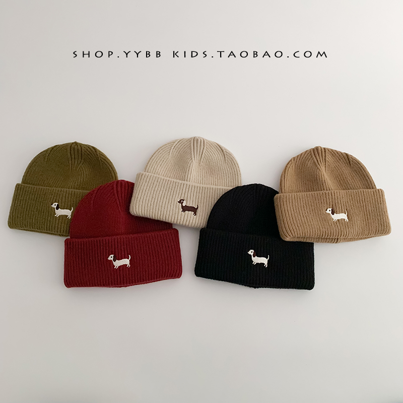 儿童帽子秋冬季保暖针织套头毛线帽男女宝宝韩系刺绣小狗护耳帽潮