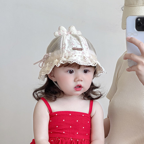 婴儿帽子夏季薄款透气网眼甜美渔夫帽女宝宝遮阳防晒小月龄盆帽潮