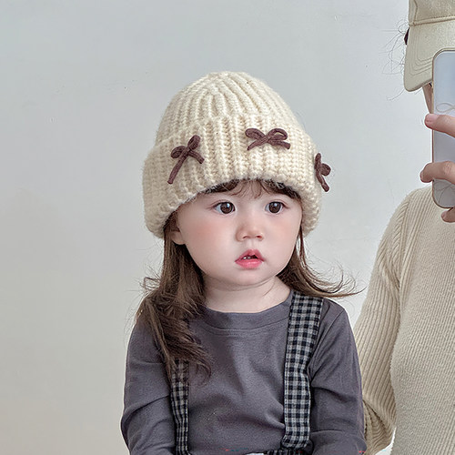 儿童帽子秋冬季保暖甜美蝴蝶结针织套头帽女宝宝加厚防风毛线帽韩