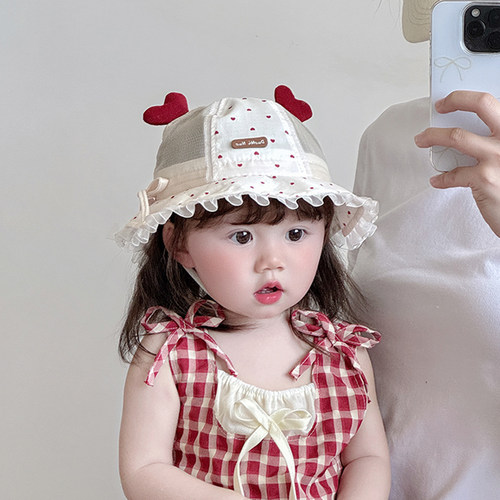 婴幼儿帽子夏季薄款透气网纱渔夫帽女宝宝小月龄遮阳防晒甜美盆帽