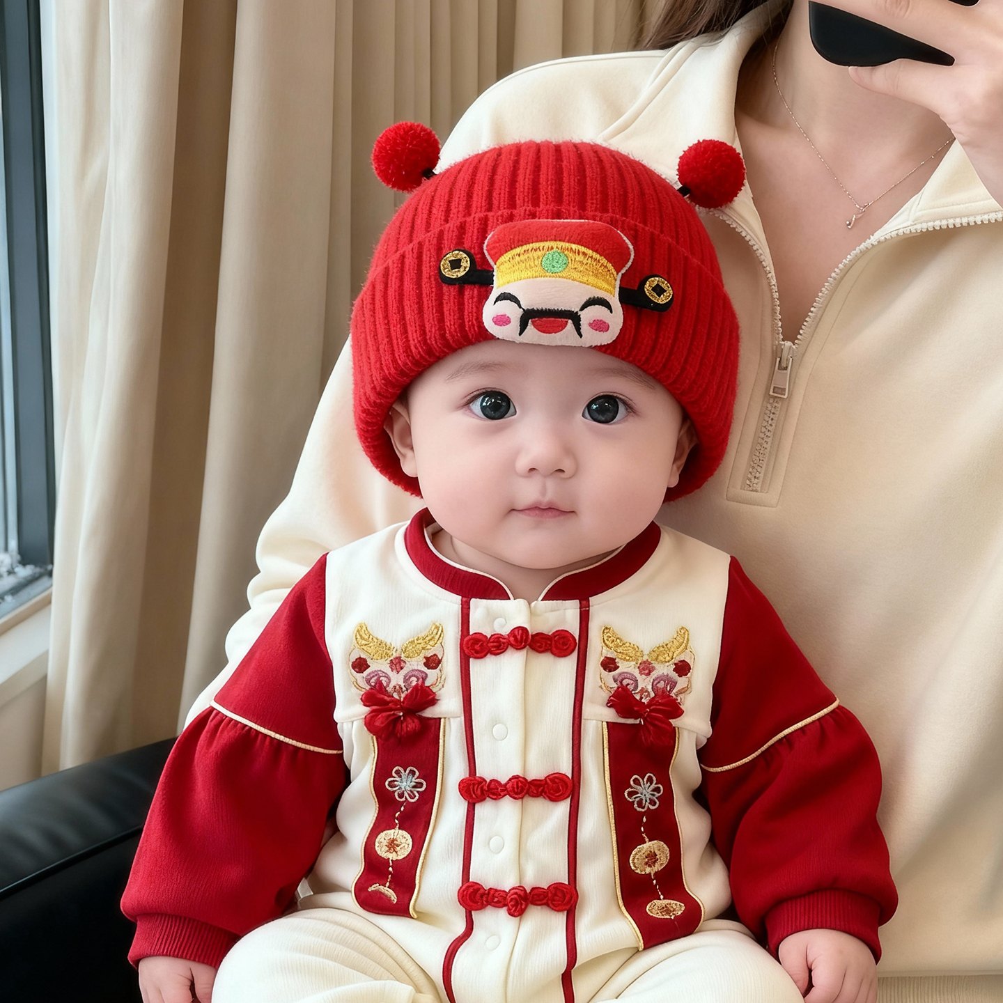 宝宝红色帽子秋冬季保暖加厚针织套头帽男婴女儿童新年喜庆毛线帽