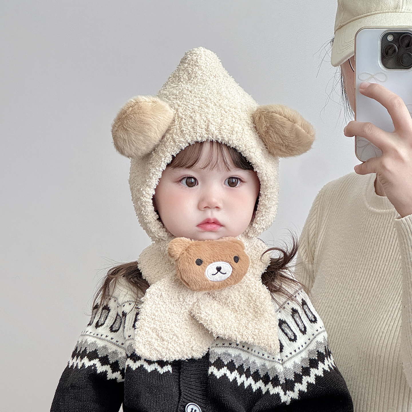 宝宝帽子围巾一体帽秋冬季保暖护耳毛绒帽男女儿童防风针织毛线帽
