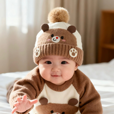 婴儿帽子秋冬季保暖加厚针织套头帽男女宝宝小月龄防风可爱毛线帽