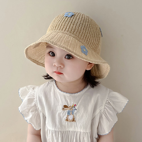 韩系花朵女宝宝帽子夏季薄款编织草帽女童遮阳防晒大帽檐渔夫帽潮