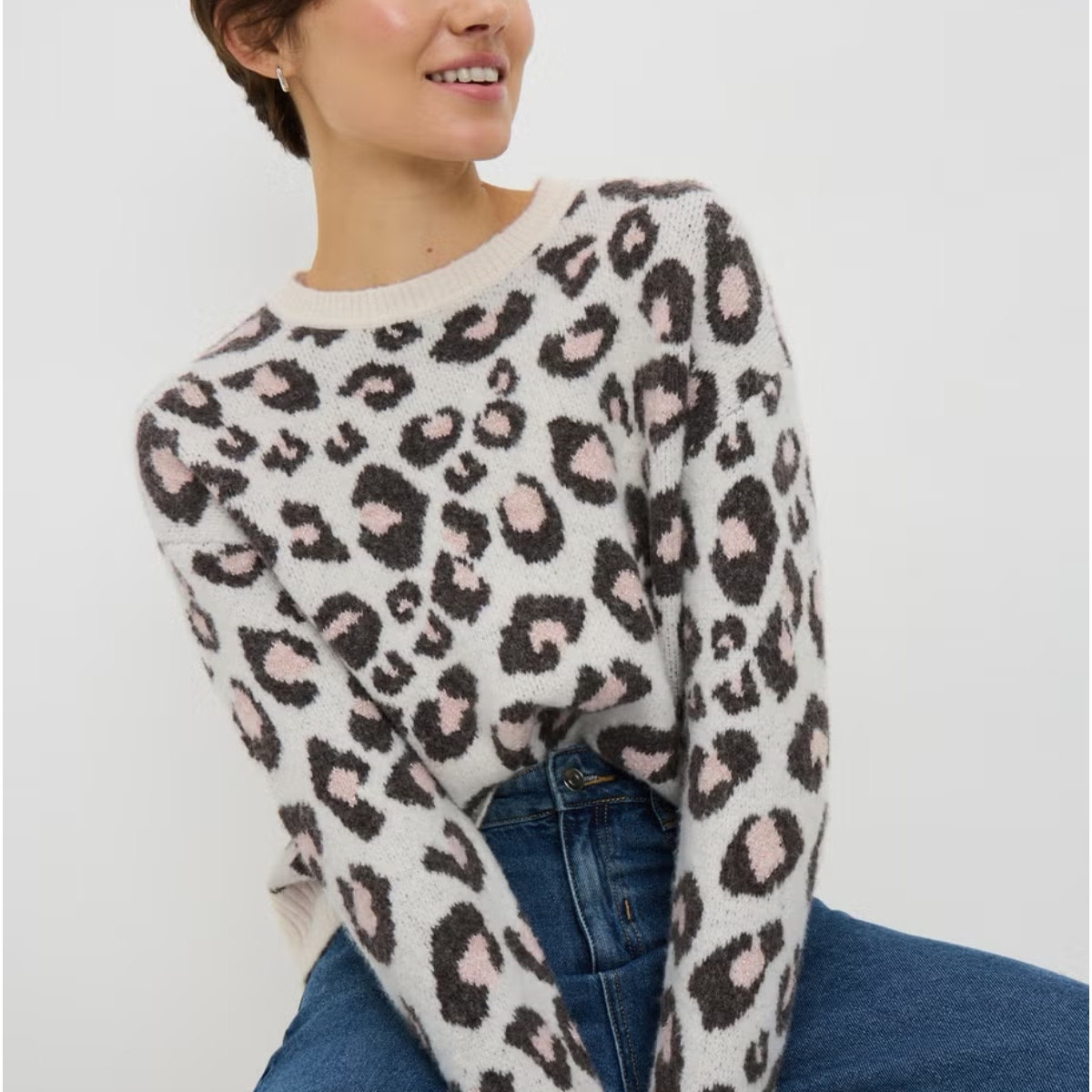 欧单复古豹纹圆领套头毛衣女