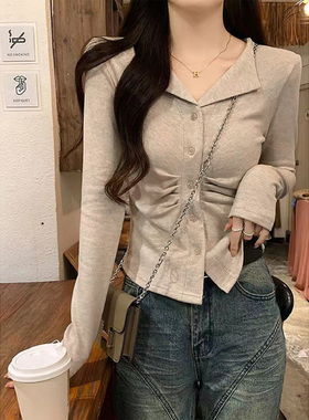 日单GRL不规则polo领褶皱针织上衣修身显瘦外穿打底衫长袖T恤