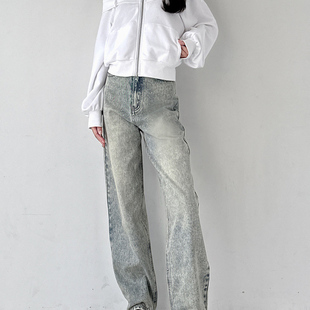 日单GRL新款 女 简约百搭高腰水洗牛仔直筒裤