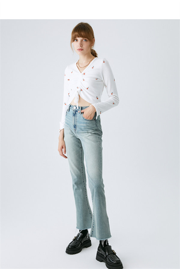 M家V领修身显瘦刺绣花朵抽绳褶皱设计长袖薄针织T女,女装/女士精品,T恤,淘宝优惠券,粉丝福利购,淘宝优惠卷