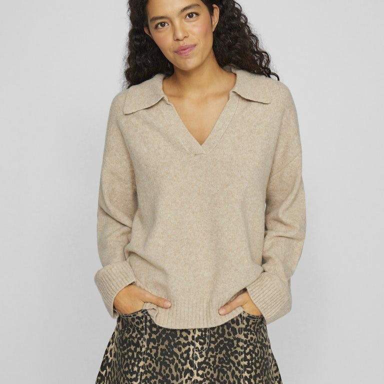 欧单秋冬V领羊毛混纺宽松毛衣