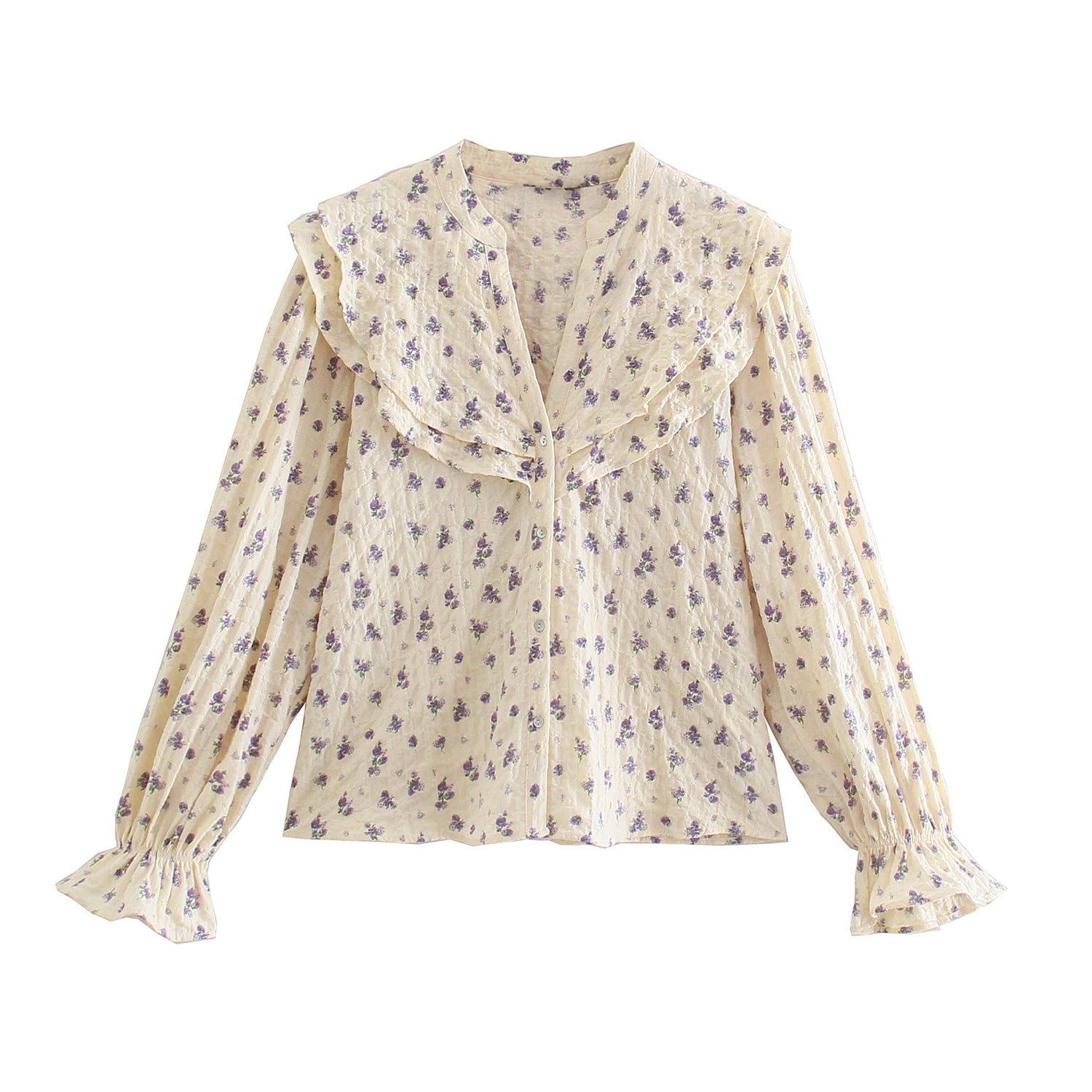 美风v领花卉印花叠层荷叶边短款衬衫女