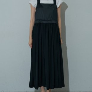 日单新款 百搭宽松显瘦背带裙缎面拼接连衣裙女 时尚