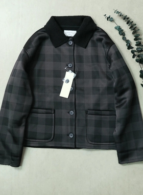 日单sm2复古风格纹翻领加绒外套宽松休闲夹克女