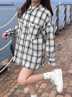 日系GL甜美风格子衬衫女长袖翻领大口袋百搭学院风长款上衣