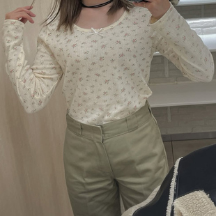 日系GRL内搭打底衫 T恤女 甜美设计小清新碎花蝴蝶结圆领长袖