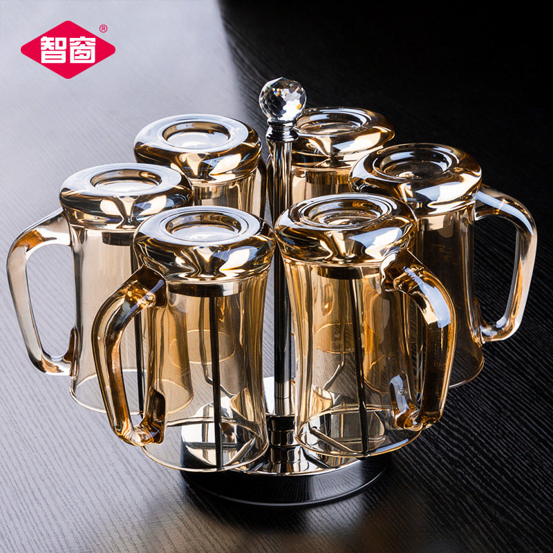 智窗欧式家用带把玻璃杯套装带杯架客厅饮料杯果汁杯酒吧啤酒杯