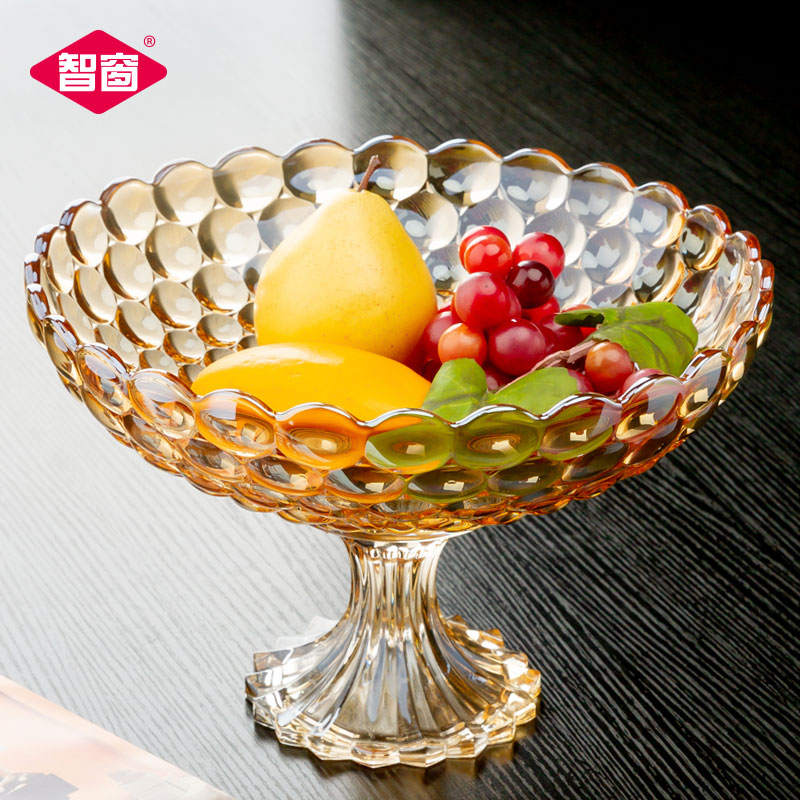 欧式水晶玻璃高脚果盘创意珠点现代轻奢高档家用客厅大号水果盘