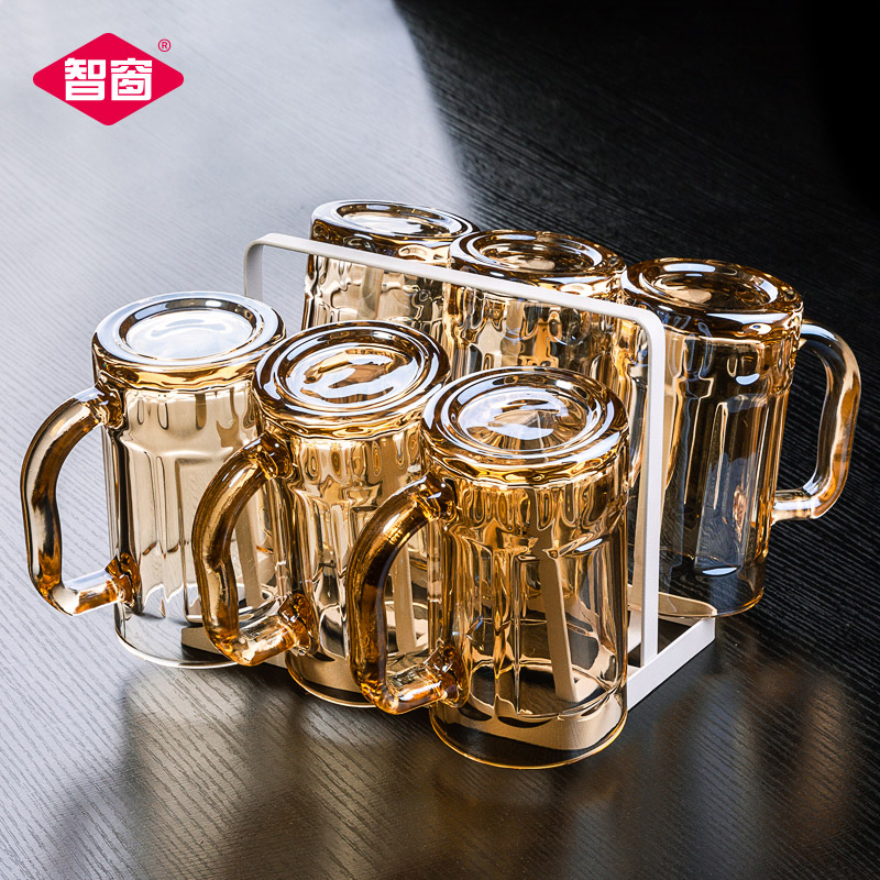 带把玻璃杯套装带杯架家用个性饮料杯加厚耐热泡茶杯酒吧啤酒杯