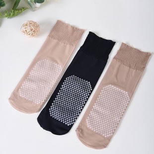 松口丝袜女老人大码秋季天鹅绒防勾丝中厚按摩脚底荷叶边中筒短