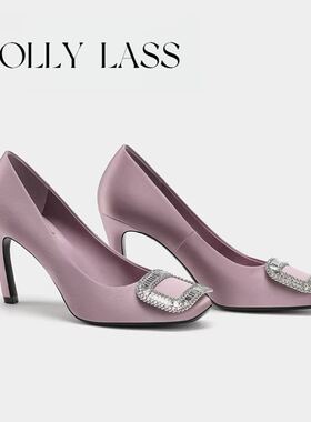 MOLLY LASS名媛风水钻圆头方扣浅口单鞋女春季细跟高跟鞋百搭婚鞋