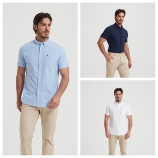 夏季AF短袖格子衬衫男士纯色小鹿标识刺绣休闲商务欧码衬衣男