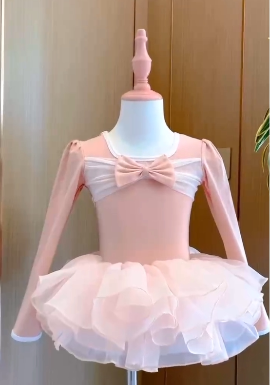 儿童芭蕾舞蹈裙春秋练功服幼儿演出蓬蓬裙女泡泡袖蝴蝶结长袖分体