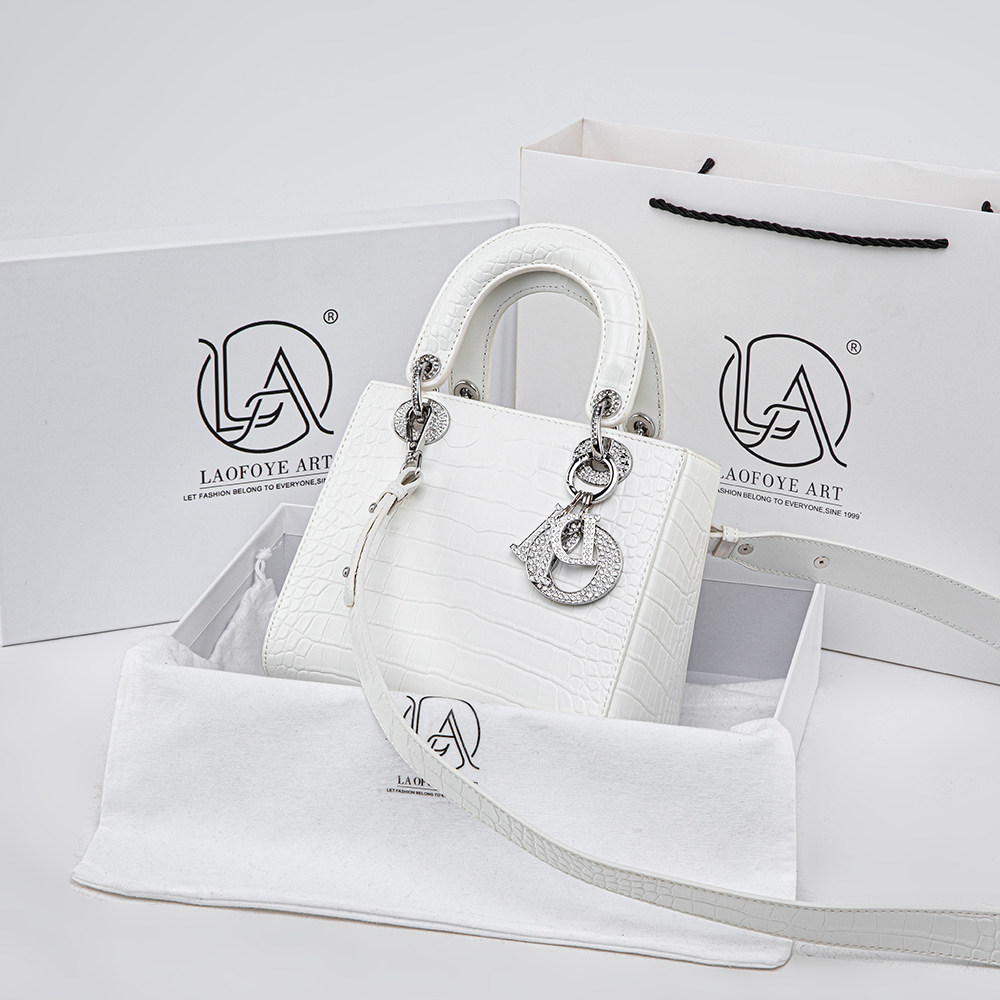 老佛爷专柜白色鳄鱼纹漆皮戴妃包女手提斜挎小方包镶钻真皮女包
