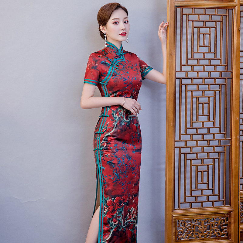 旗袍女长款改良版短袖2020新款中老年女装妈妈祺旗袍裙夏装复古