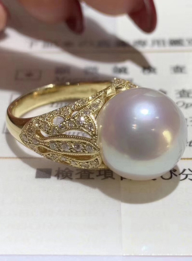 DIY珍珠配件S925纯银镀18K金珍珠戒指空托豪华款开口戒可配9-11mm