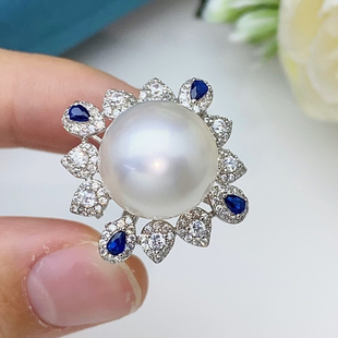 DIY珍珠戒指配件S925纯银开口戒空托K工艺蓝彩14mm花形手工半成品