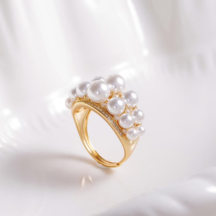 DIY珍珠戒指配件S925纯银开口戒空托双排多珠款戒指托 手工半成品