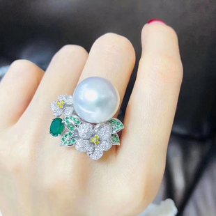 DIY珍珠配件S925纯银大珍珠大戒指空托鲜花款开口戒配11-13mm珍珠