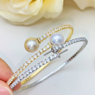 DIY珍珠配件S925纯银手链手圈空托珠宝手工饰品 双珠 K金工艺满钻