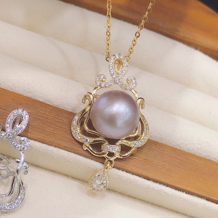 DIY配件S925纯银珍珠吊坠项坠空托古典美大挂坠珠宝玉石手工银饰