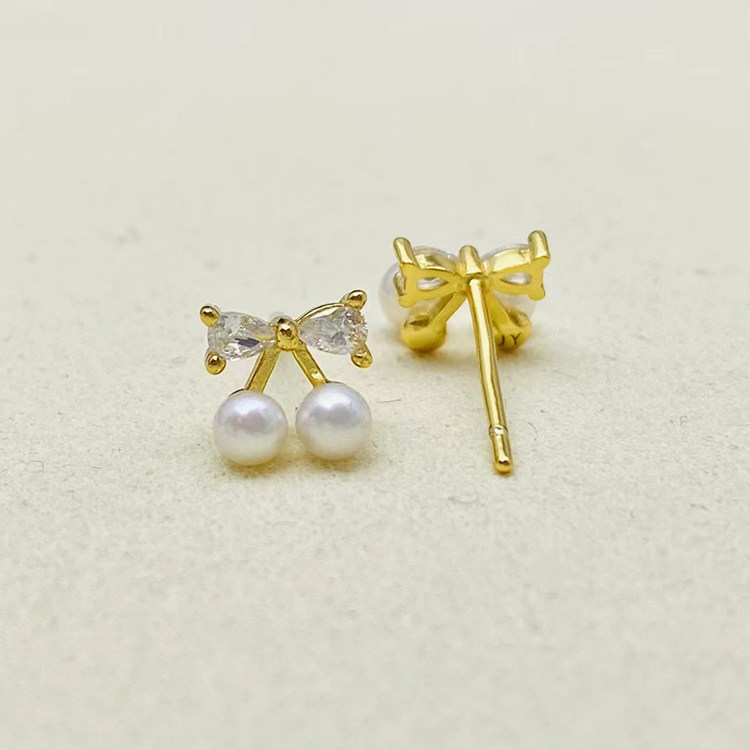 DIY珍珠配件纯银蝴蝶结双珠耳钉