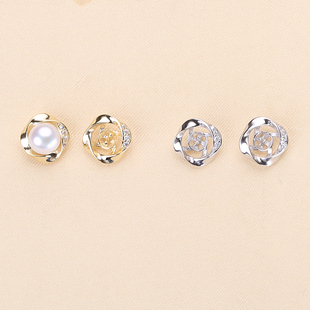 DIY珍珠配件S925纯银珍珠耳钉耳环空托小珠款 适合6mm左右圆扁珠