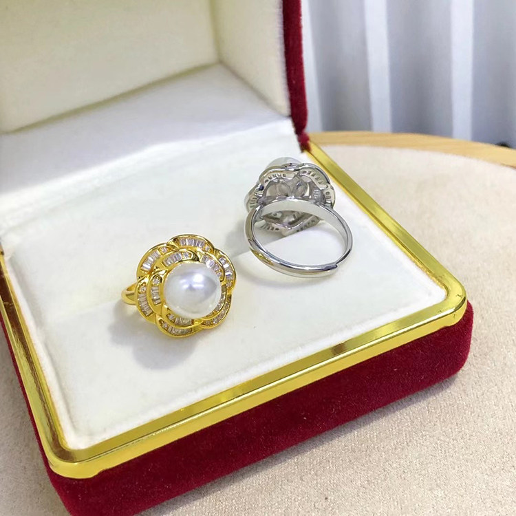 DIY珍珠配件S925银T方钻鲜花戒指