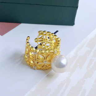 DIY珍珠配件S925纯银个性大戒指空托镂空款开口戒珠宝手工银饰品