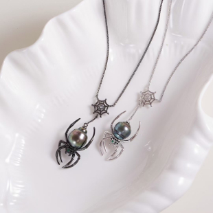 DIY珍珠配件S925纯银带链子吊坠套链空托蜘蛛通孔 款项链手工饰品