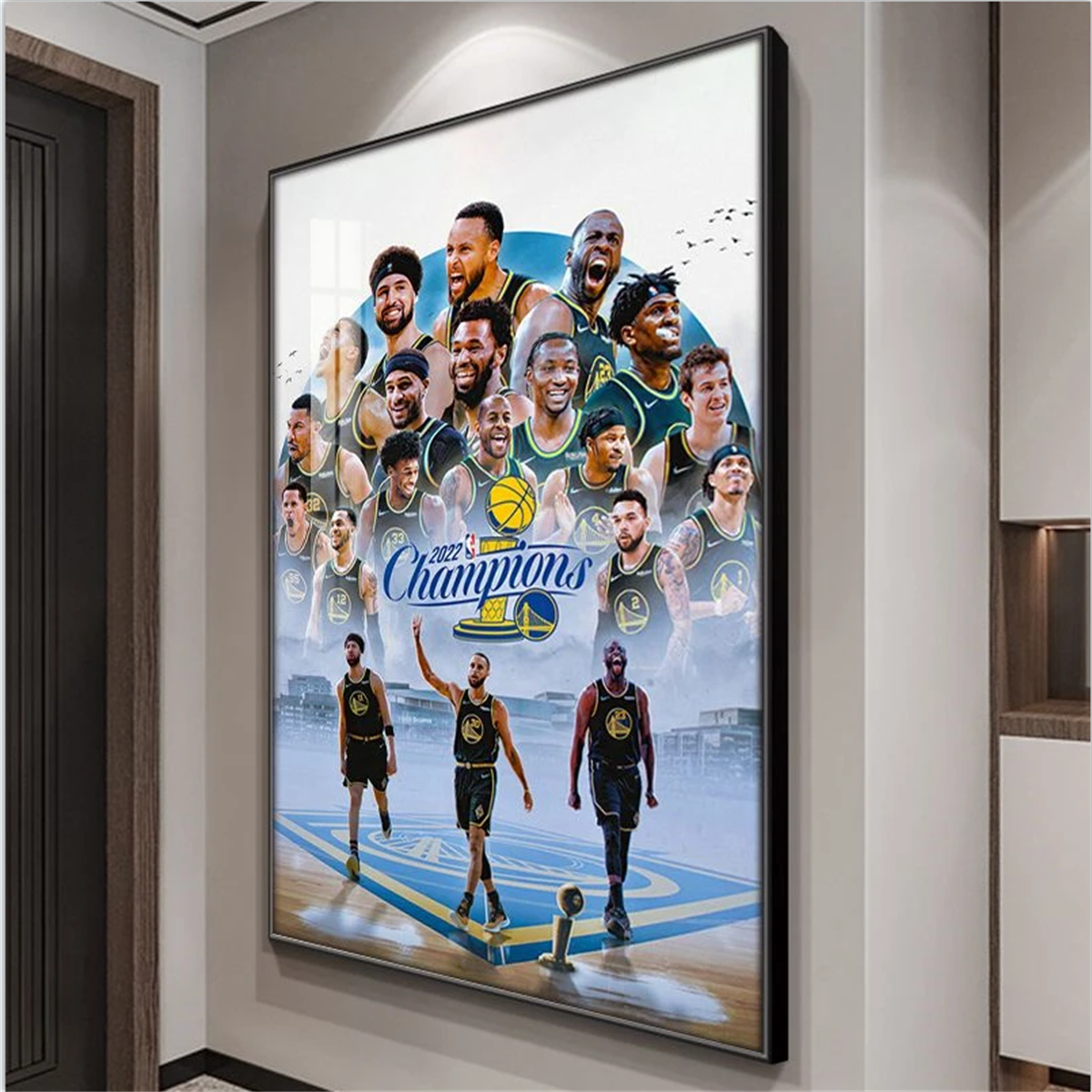 NBA篮球男生卧室装饰画库里FMVP壁画勇士队夺冠海报玄关晶瓷画