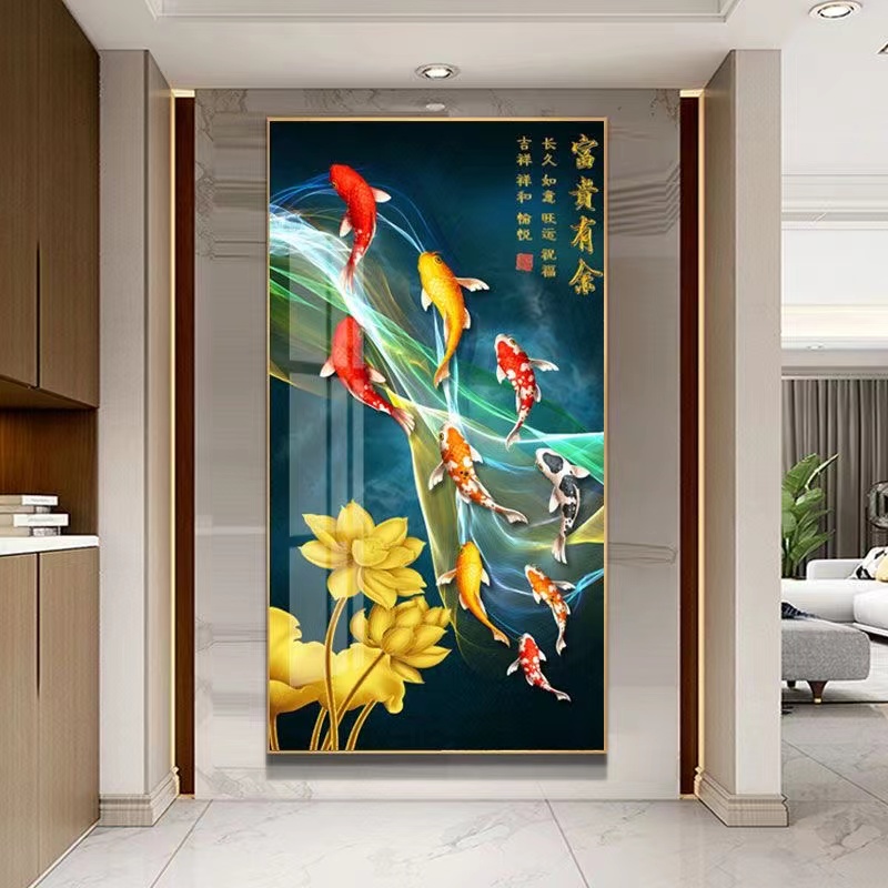 九鱼招财风水入户玄关走廊过道装饰画轻奢挂画客厅晶瓷画图片