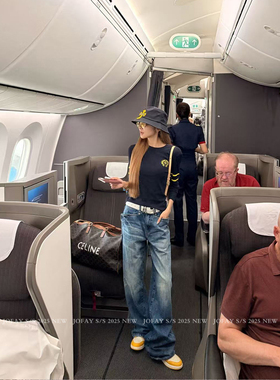 小侨JOFAY 机场私服牛仔裤 2025早秋新款磨白压褶蓝色牛仔裤女